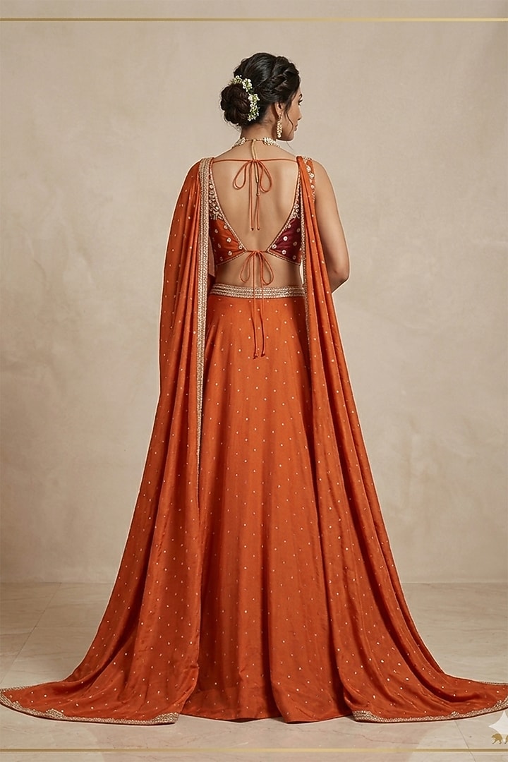 Deep Orange Georgette Embroidered Lehenga Set by Two Sisters By Gyans at Pernia's Pop Up Shop