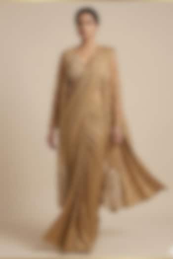 Gold Georgette Sequin & Cutdana Embroidered Pre-Draped Wedding Saree Set by Two Sisters By Gyans at Pernia's Pop Up Shop
