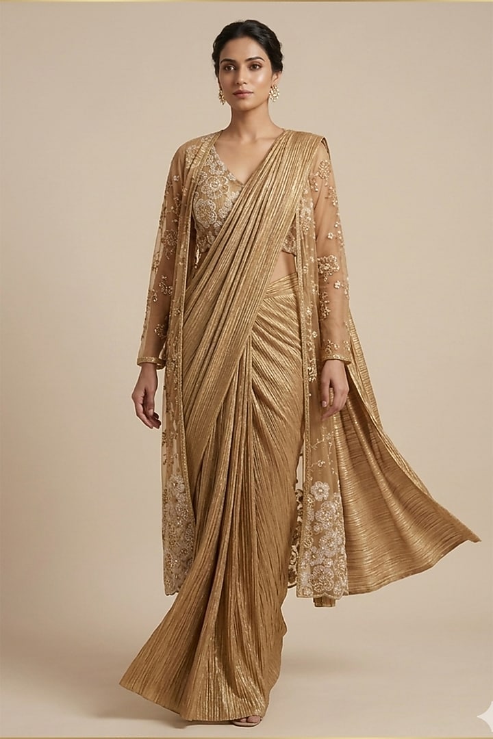 Gold Georgette Sequin & Cutdana Embroidered Pre-Draped Wedding Saree Set by Two Sisters By Gyans at Pernia's Pop Up Shop