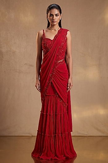 Red Georgette Sequin & Bead Embroidered Gharara Set by Two Sisters By Gyans at Pernia's Pop Up Shop