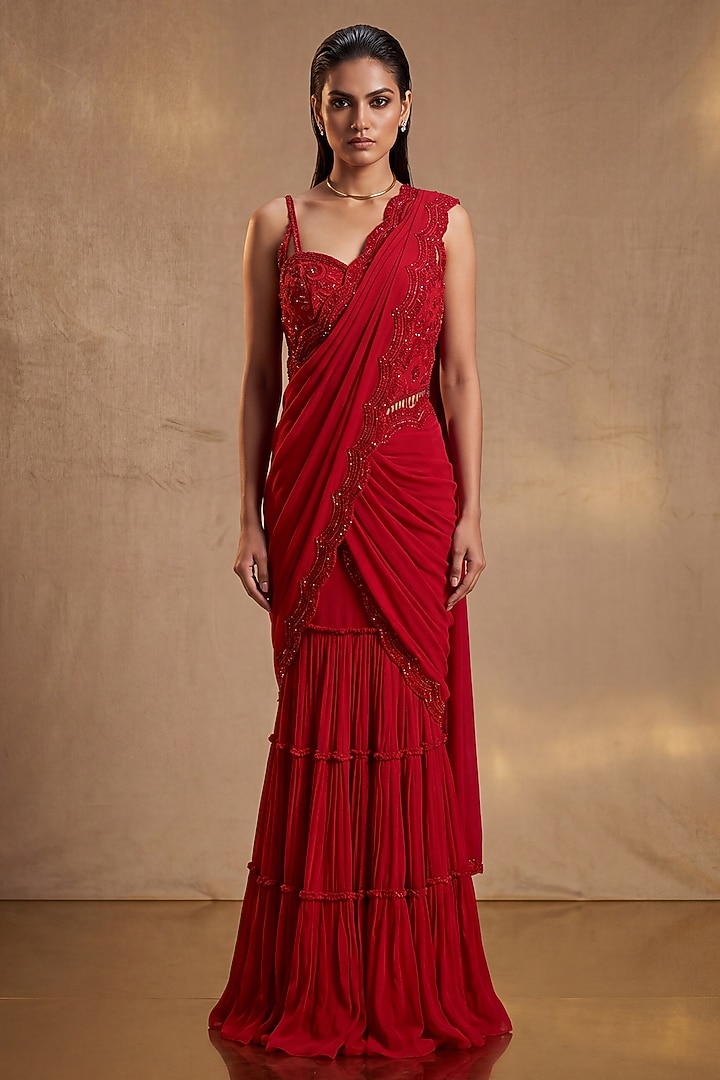 Red Georgette Sequin & Bead Embroidered Gharara Set by Two Sisters By Gyans at Pernia's Pop Up Shop