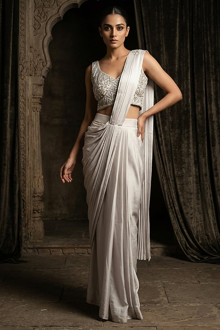 Silver & Grey Modal Satin Sequin & Bead Hand Embroidered Wedding Saree Set by Two Sisters By Gyans at Pernia's Pop Up Shop