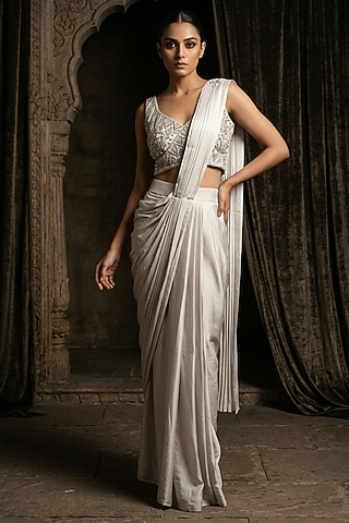 Silver & Grey Modal Satin Sequin & Bead Hand Embroidered Saree Set by Two Sisters By Gyans