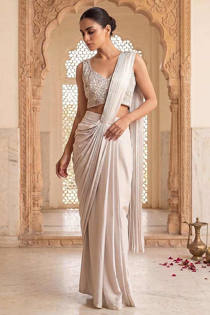 Silver & Grey Modal Satin Sequin & Bead Hand Embroidered Wedding Saree Set by Two Sisters By Gyans at Pernia's Pop Up Shop