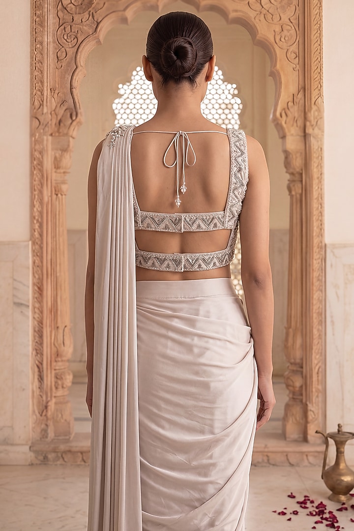 Silver & Grey Modal Satin Sequin & Bead Hand Embroidered Wedding Saree Set by Two Sisters By Gyans at Pernia's Pop Up Shop