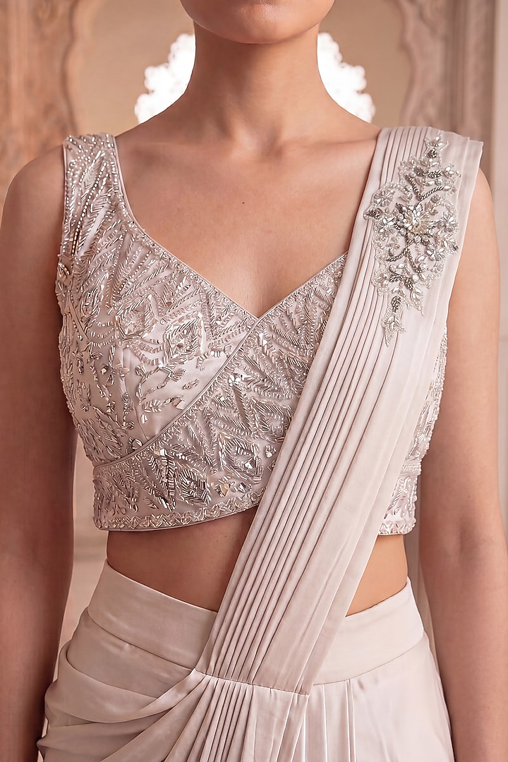 Silver & Grey Modal Satin Sequin & Bead Hand Embroidered Wedding Saree Set by Two Sisters By Gyans at Pernia's Pop Up Shop