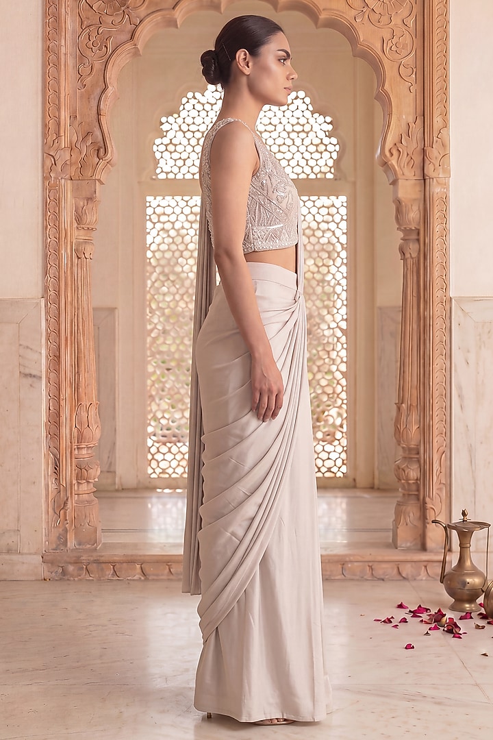 Silver & Grey Modal Satin Sequin & Bead Hand Embroidered Wedding Saree Set by Two Sisters By Gyans at Pernia's Pop Up Shop