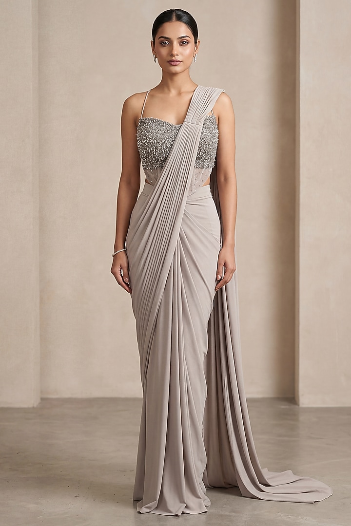 Grey Lycra Cutdana & Sequin Embroidered Pre-Draped Wedding Saree Set by Two Sisters By Gyans at Pernia's Pop Up Shop