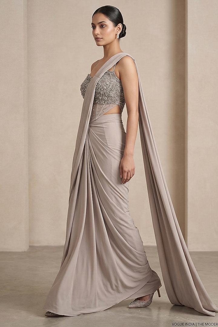 Grey Lycra Cutdana & Sequin Embroidered Pre-Draped Wedding Saree Set by Two Sisters By Gyans at Pernia's Pop Up Shop
