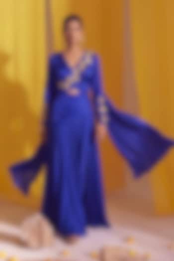 Royal Blue Georgette Satin Metallic Floral Embroidered Wedding Lehenga Set by Two Sisters By Gyans at Pernia's Pop Up Shop