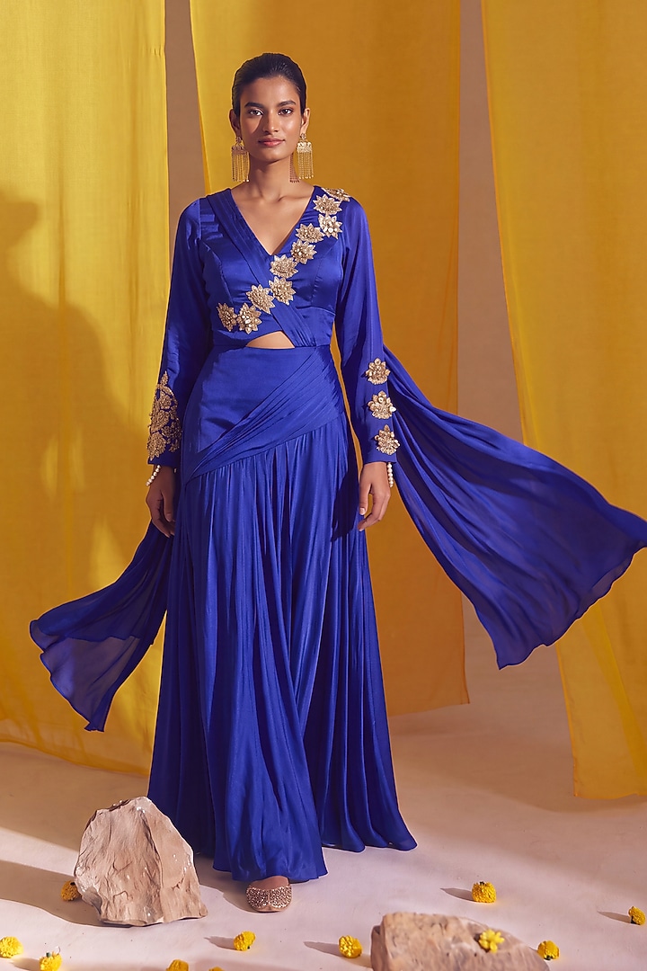 Royal Blue Georgette Satin Metallic Floral Embroidered Wedding Lehenga Set by Two Sisters By Gyans at Pernia's Pop Up Shop