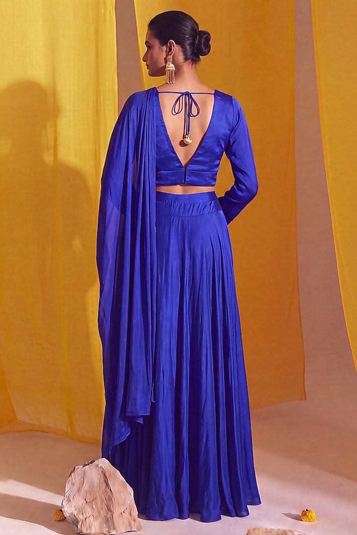 Royal Blue Georgette Satin Metallic Floral Embroidered Wedding Lehenga Set by Two Sisters By Gyans at Pernia's Pop Up Shop
