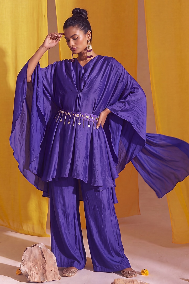 Royal Purple Georgette Satin Embellished Kaftan Set by Two Sisters By Gyans at Pernia's Pop Up Shop