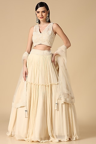 Off-White Georgette Tiered Lehenga Set by Two Sisters By Gyans