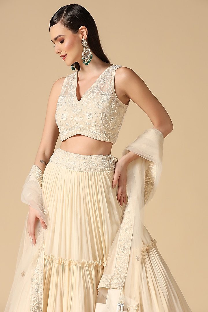 Off-White Georgette Tiered Lehenga Set by Two Sisters By Gyans at Pernia's Pop Up Shop