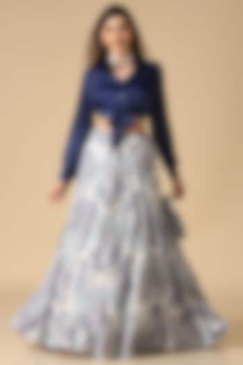 White & Blue Silk Crepe Floral Printed Wedding Lehenga Set by Two Sisters By Gyans at Pernia's Pop Up Shop