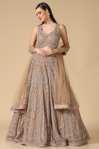 Mouse Colored Net Embroidered Lehenga Set by Two Sisters By Gyans