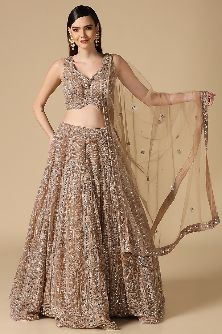 Mouse Colored Net Embroidered Wedding Lehenga Set by Two Sisters By Gyans at Pernia's Pop Up Shop