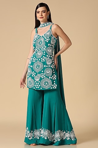 Green Georgette Embroidered Sharara Set by Two Sisters By Gyans