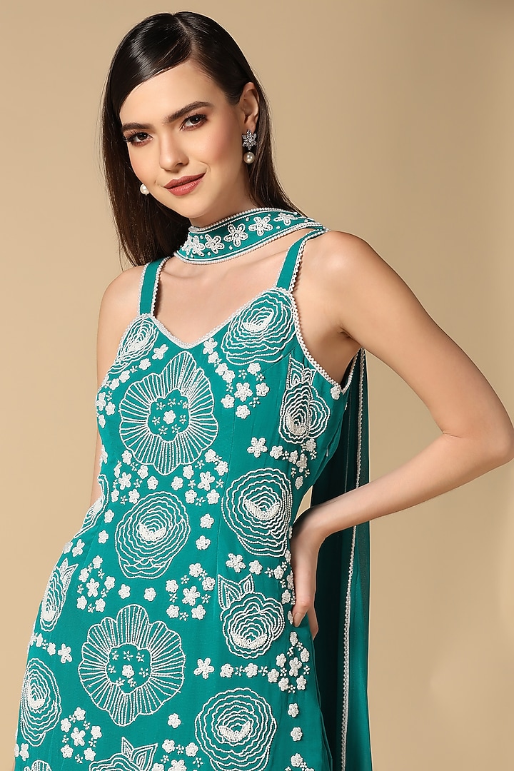 Green Georgette Embroidered Bridal Sharara Set by Two Sisters By Gyans at Pernia's Pop Up Shop
