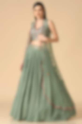Pista Green Georgette & Net Jacket Wedding Lehenga Set by Two Sisters By Gyans at Pernia's Pop Up Shop