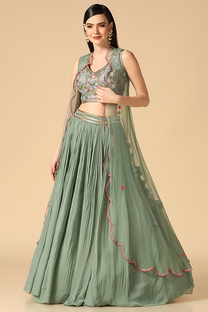 Pista Green Georgette & Net Jacket Wedding Lehenga Set by Two Sisters By Gyans at Pernia's Pop Up Shop