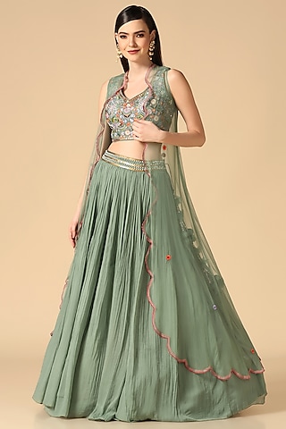 Pista Green Georgette & Net Jacket Lehenga Set by Two Sisters By Gyans