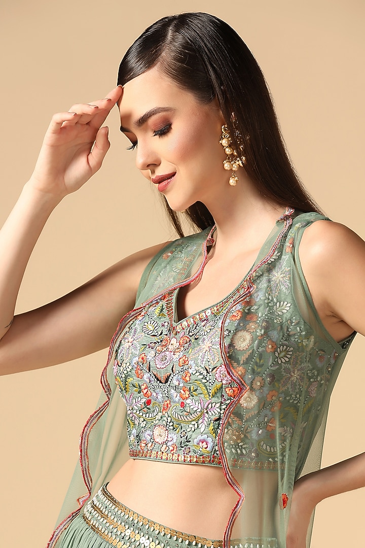 Pista Green Georgette & Net Jacket Wedding Lehenga Set by Two Sisters By Gyans at Pernia's Pop Up Shop
