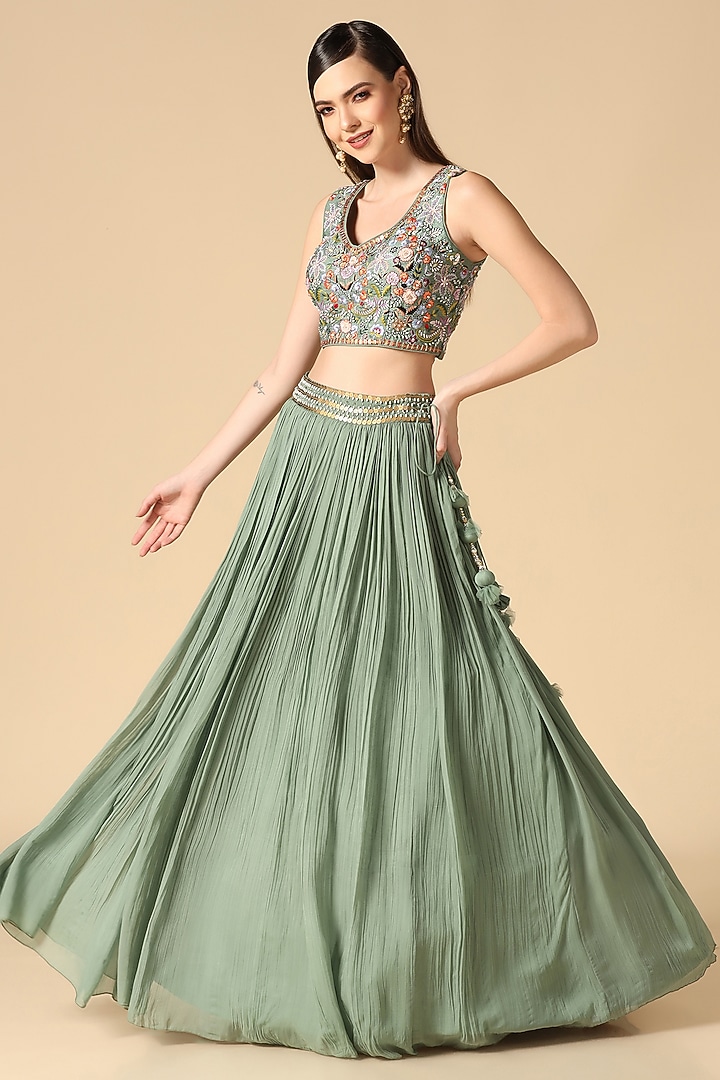 Pista Green Georgette & Net Jacket Wedding Lehenga Set by Two Sisters By Gyans at Pernia's Pop Up Shop