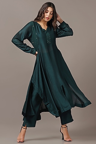 Teal Green Silk Sequins Embroidered Asymmetric Kurta Set by Two Sisters By Gyans