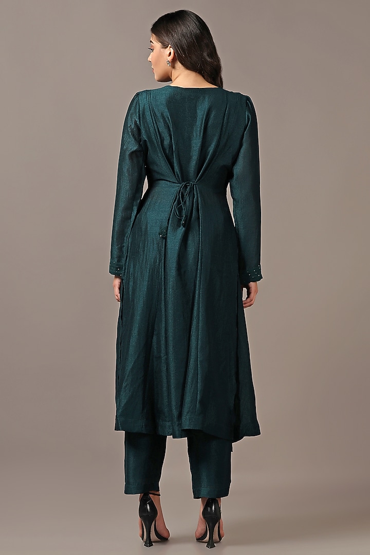 Teal Green Silk Sequins Embroidered Asymmetric Kurta Set by Two Sisters By Gyans at Pernia's Pop Up Shop