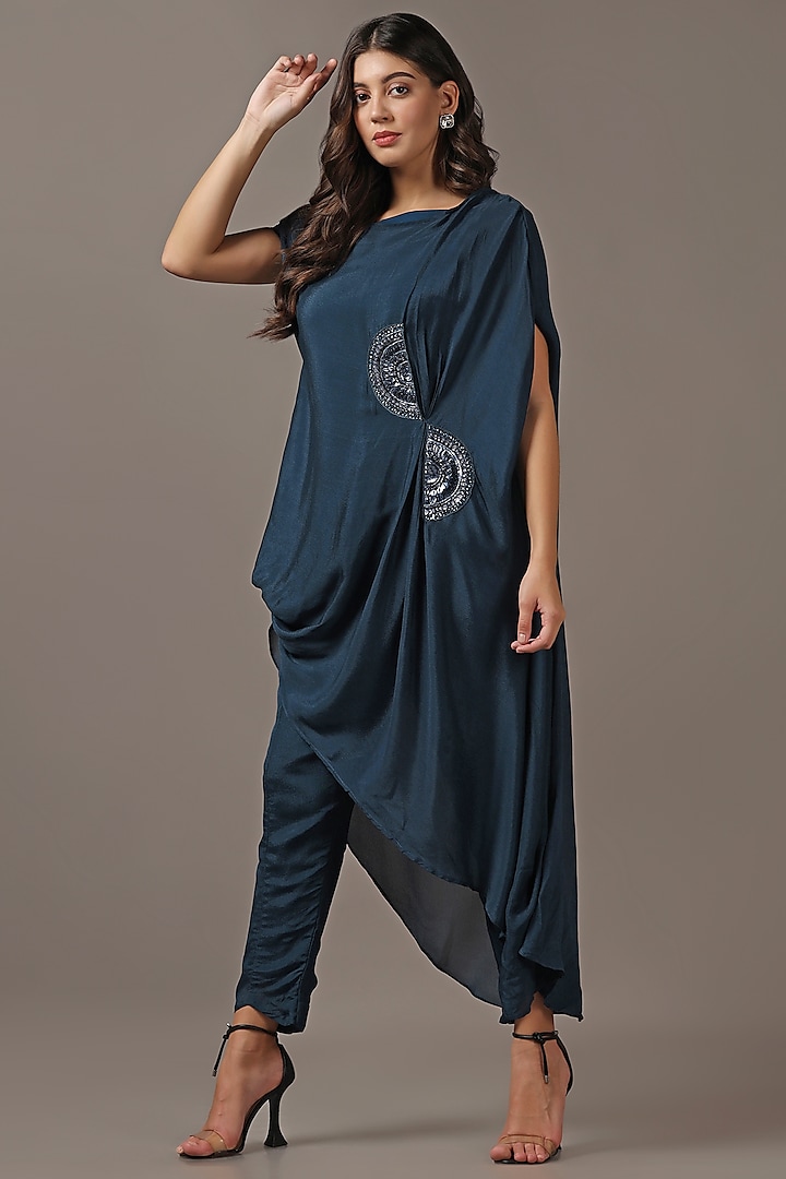 Teal Green Silk Asymmetric Off-Shoulder Kurta Set by Two Sisters By Gyans