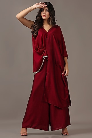 Wine Silk Flared Pant Set by Two Sisters By Gyans
