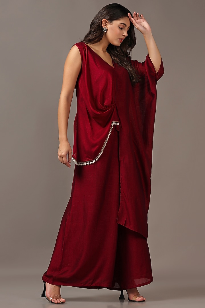 Wine Silk Flared Pant Set by Two Sisters By Gyans at Pernia's Pop Up Shop