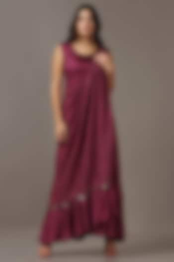 Wine Diamond Chiffon Gown With Draped Cape by Two Sisters By Gyans at Pernia's Pop Up Shop