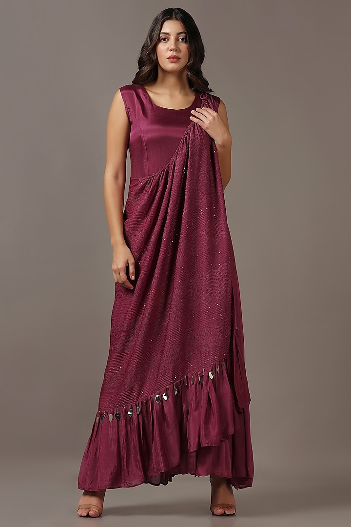 Wine Diamond Chiffon Gown With Draped Cape by Two Sisters By Gyans at Pernia's Pop Up Shop