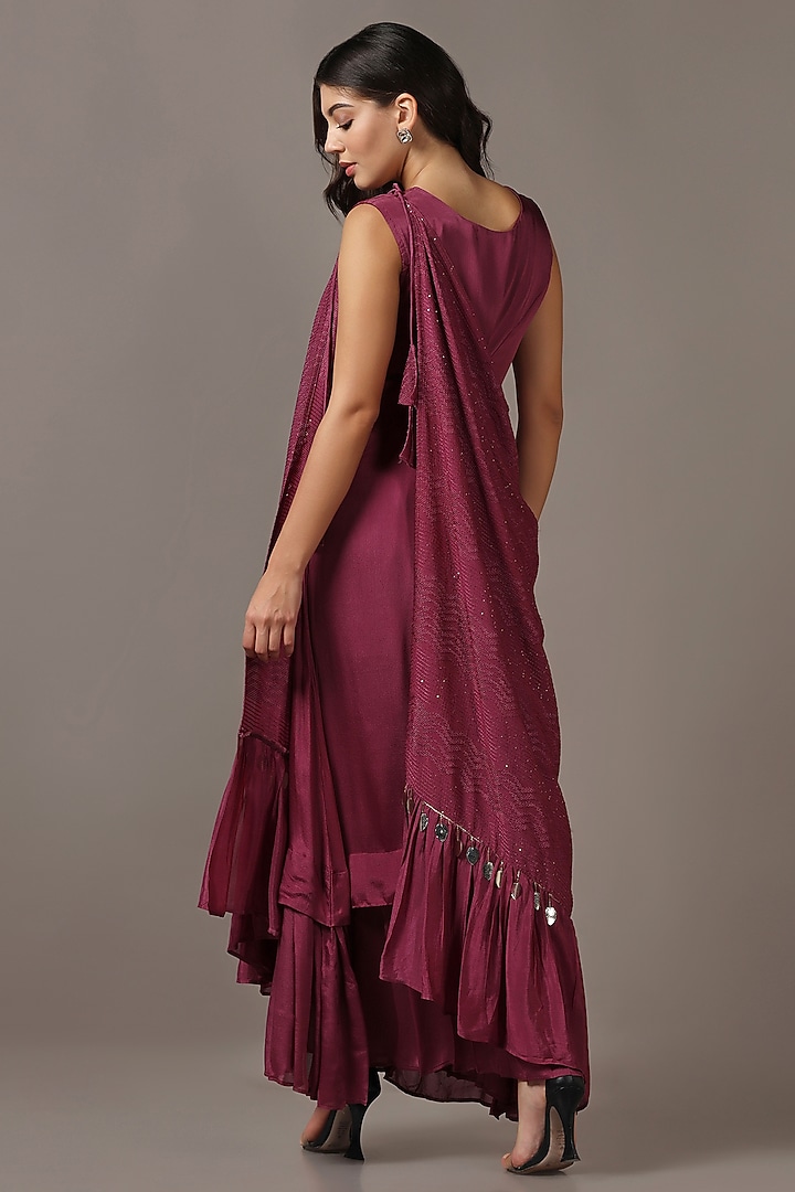 Wine Diamond Chiffon Party Wear Gown With Draped Cape by Two Sisters By Gyans at Pernia's Pop Up Shop