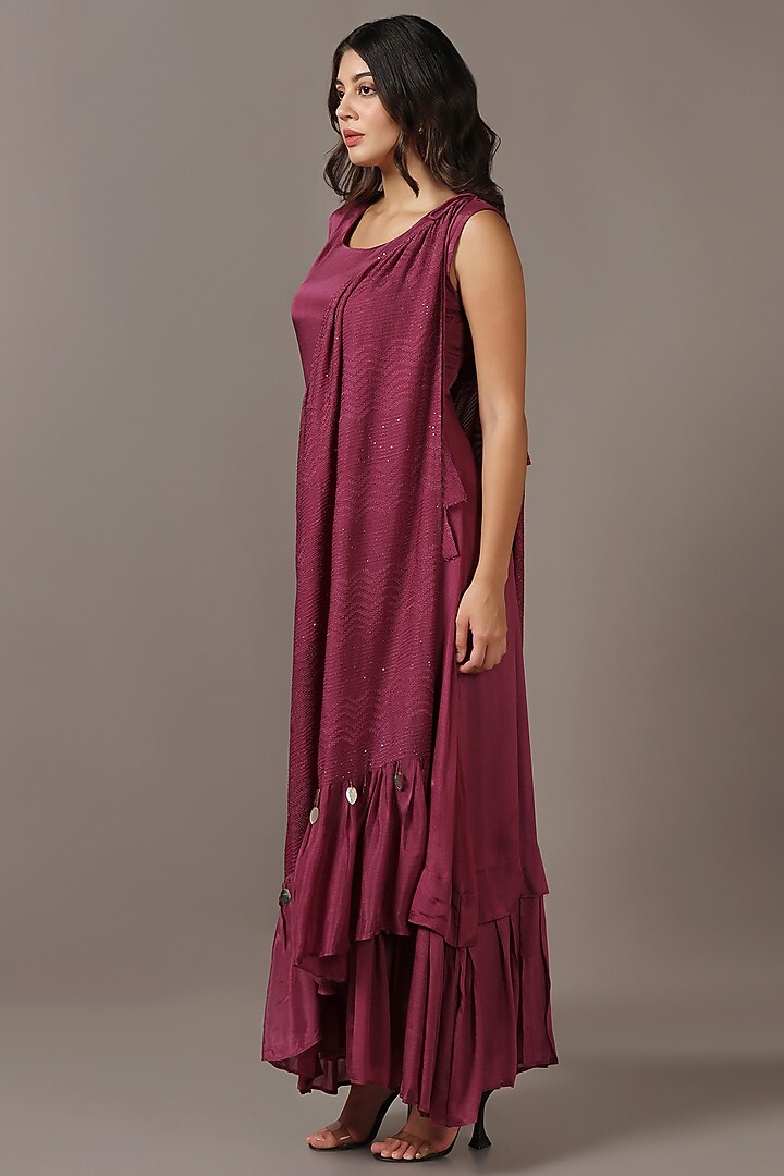 Wine Diamond Chiffon Party Wear Gown With Draped Cape by Two Sisters By Gyans at Pernia's Pop Up Shop