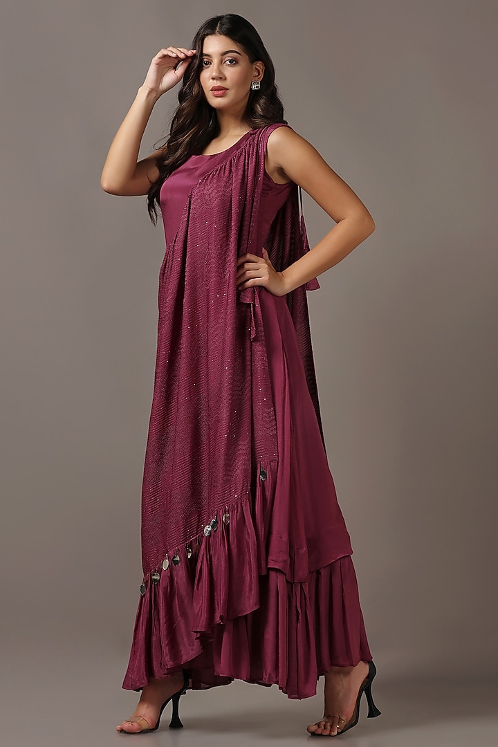 Wine Diamond Chiffon Party Wear Gown With Draped Cape by Two Sisters By Gyans at Pernia's Pop Up Shop