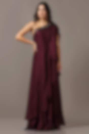Wine Diamond Chiffon One-Shoulder Draped Gown by Two Sisters By Gyans