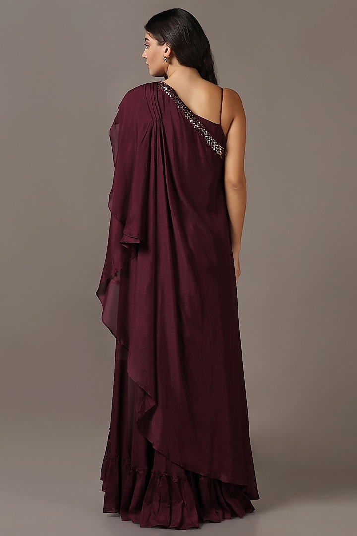 Wine Diamond Chiffon One-Shoulder Draped Party Wear Gown by Two Sisters By Gyans at Pernia's Pop Up Shop