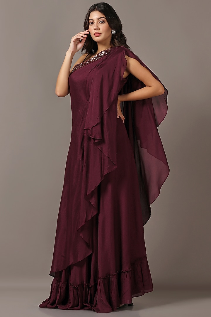 Wine Diamond Chiffon One-Shoulder Draped Party Wear Gown by Two Sisters By Gyans at Pernia's Pop Up Shop