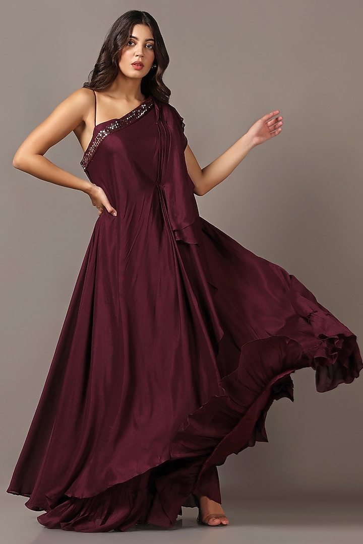 Wine Diamond Chiffon One-Shoulder Draped Party Wear Gown by Two Sisters By Gyans at Pernia's Pop Up Shop