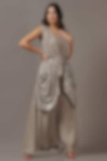 Beige Diamond Chiffon Sequins Draped Gown by Two Sisters By Gyans