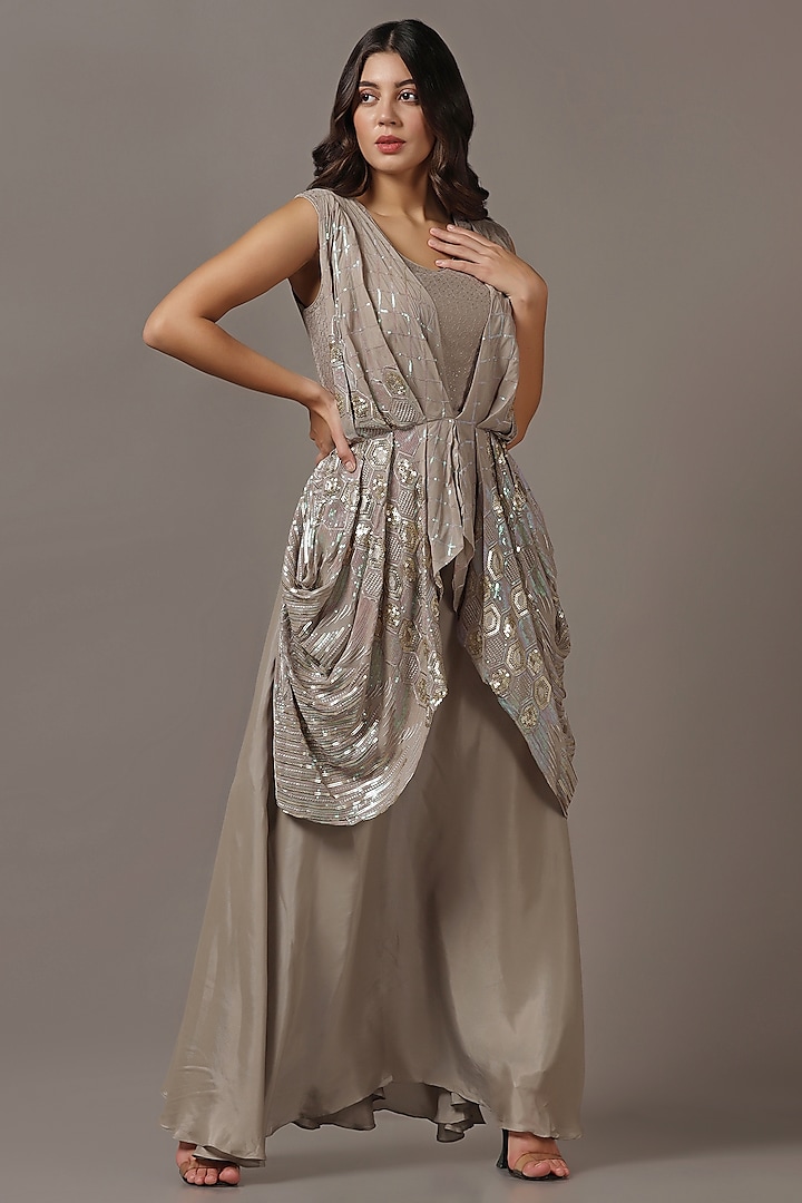 Beige Diamond Chiffon Sequins Draped Gown by Two Sisters By Gyans