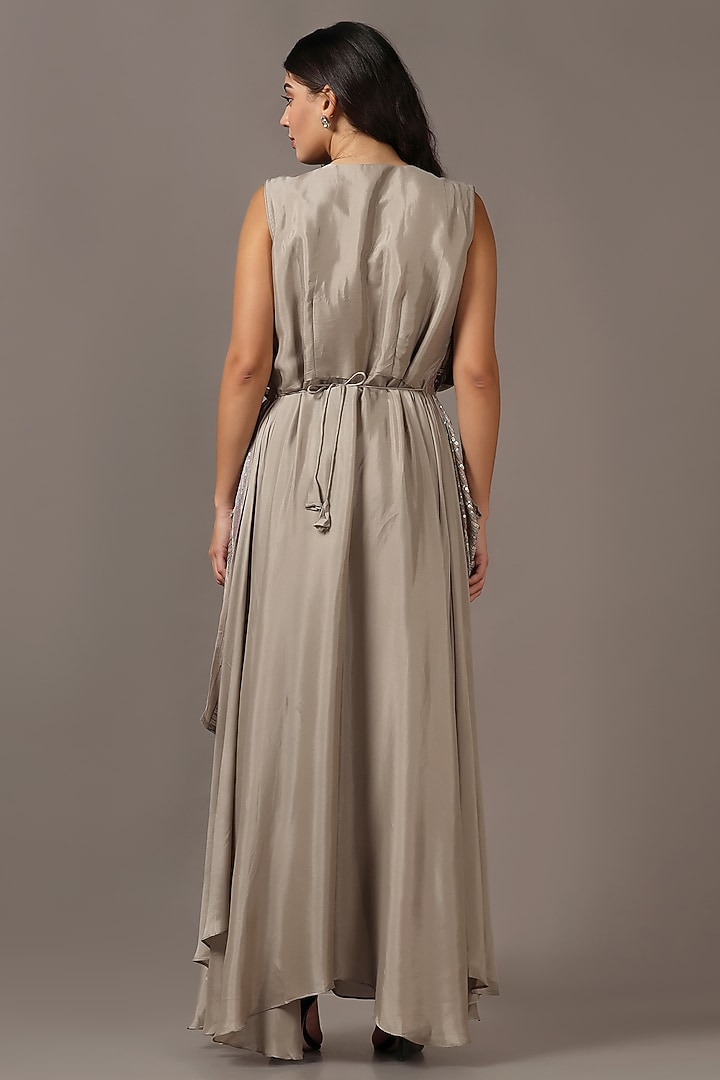 Beige Diamond Chiffon Sequins Draped Party Wear Gown by Two Sisters By Gyans at Pernia's Pop Up Shop