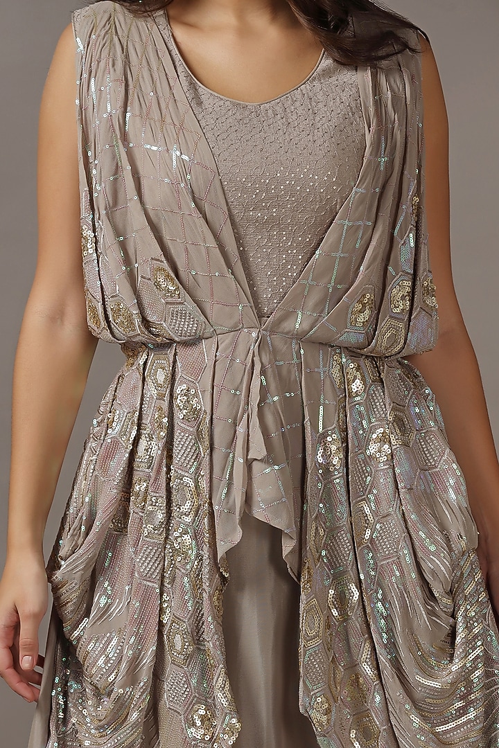 Beige Diamond Chiffon Sequins Draped Party Wear Gown by Two Sisters By Gyans at Pernia's Pop Up Shop