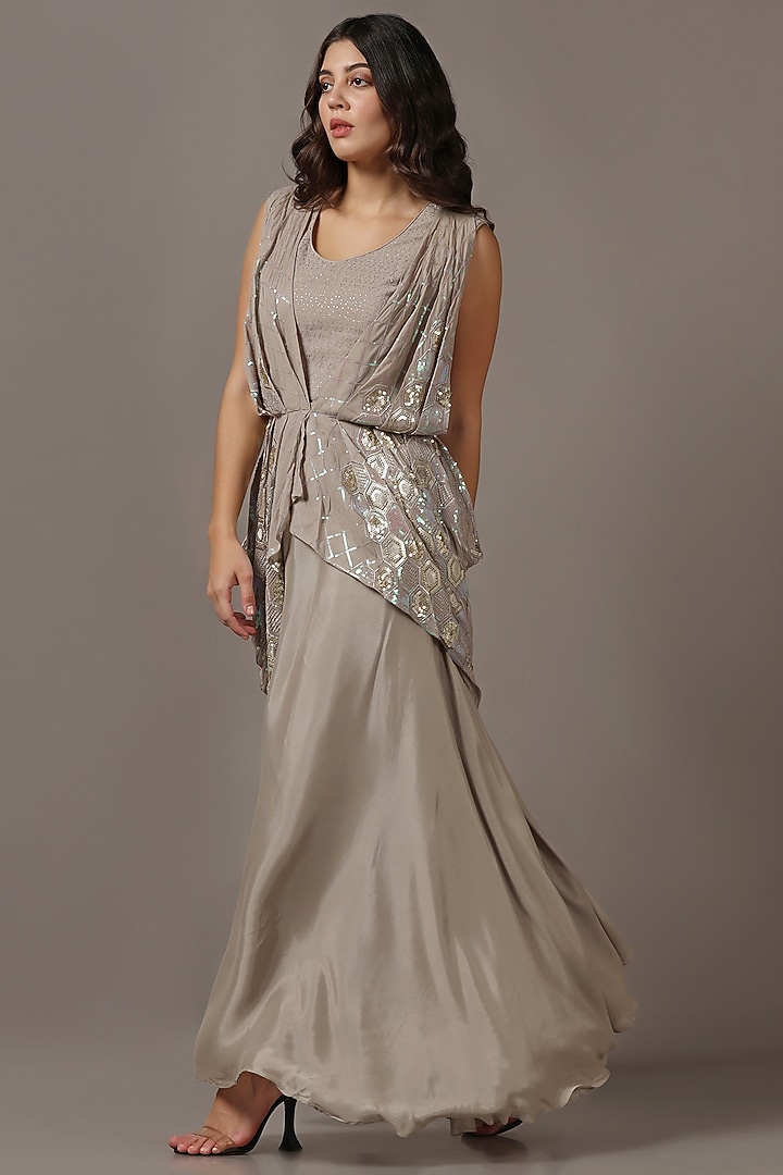 Beige Diamond Chiffon Sequins Draped Party Wear Gown by Two Sisters By Gyans at Pernia's Pop Up Shop