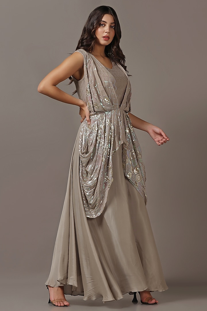 Beige Diamond Chiffon Sequins Draped Party Wear Gown by Two Sisters By Gyans at Pernia's Pop Up Shop