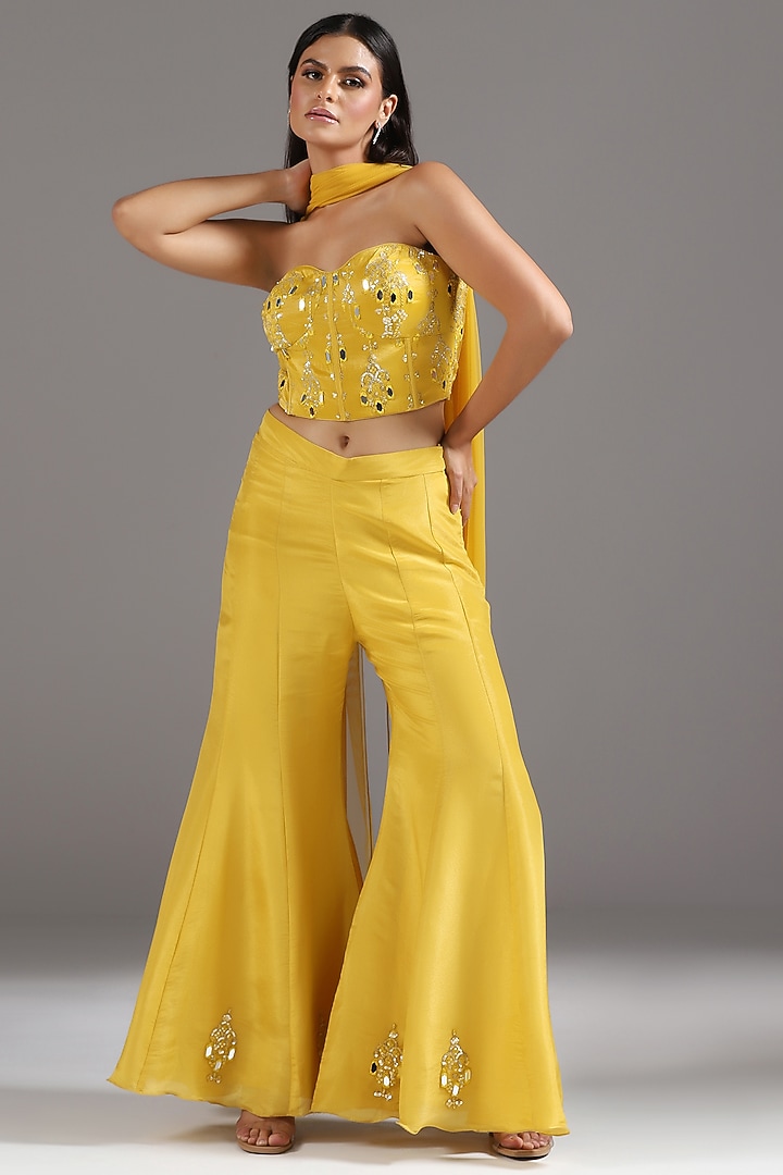 Haldi Yellow Tissue Mirror Embroidered Wedding Sharara Set by Two Sisters By Gyans at Pernia's Pop Up Shop